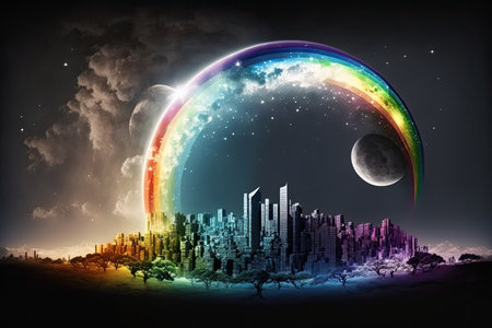 rainbow over a cityscape with the moon in the sky, and stars shining, created with generative aiの素材