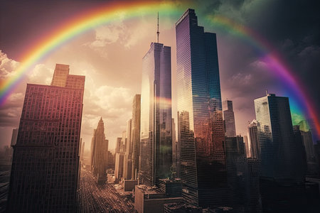 rainbow shining on a bustling business district, with skyscrapers in the background, created with generative aiの素材