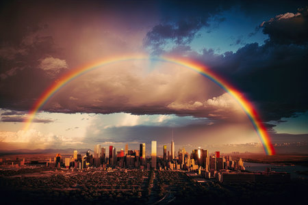 a majestic rainbow over the city, with a view of the skyline in the background, created with generative aiの素材