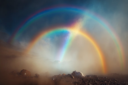 close-up of a rainbow, with mist and fog visible in the foreground, created with generative aiの素材