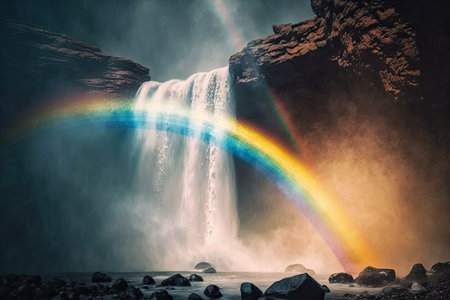 rainbow over a waterfall in a mist of rain, with the sun shining through, created with generative aiの素材