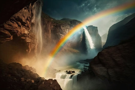 rainbow with the sun shining through, illuminating the mist from a waterfall, created with generative aiの素材
