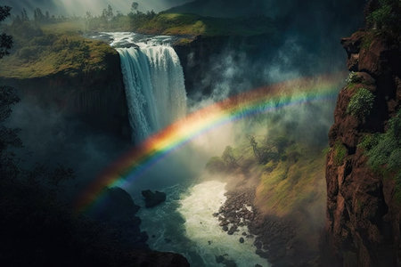 magical waterfall with rainbow, surrounded by mist and greenery, created with generative aiの素材