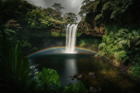 majestic waterfall with a rainbow in front, surrounded by lush greenery, created with generative aiの素材