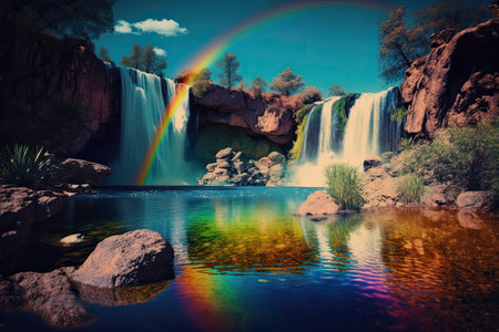peaceful scenery of tranquil waterfall with rainbow and clear blue sky, created with generative aiの素材