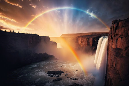 rainbow over a waterfall, with the sun sinking below the horizon in the background, created with generative aiの素材