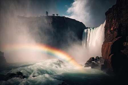 rainbow in the mist of a waterfall, with the sun shining through, created with generative aiの素材