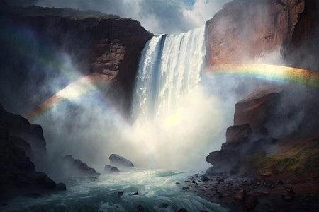 massive waterfall with rainbow and mist in the foreground, created with generative aiの素材