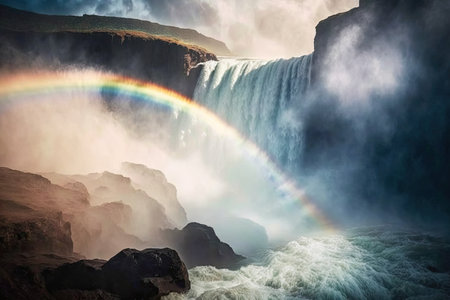 massive waterfall with rainbow and mist in the foreground, created with generative aiの素材