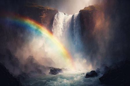 rainbow over a waterfall, with sunlight shining through the mist, created with generative aiの素材