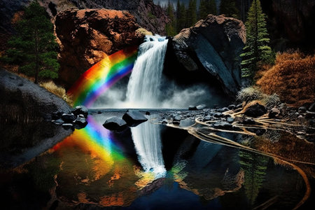 rainbow reflected in the waters of a cascading waterfall, created with generative aiの素材