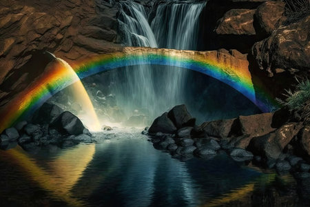 rainbow reflected in the waters of a cascading waterfall, created with generative aiの素材
