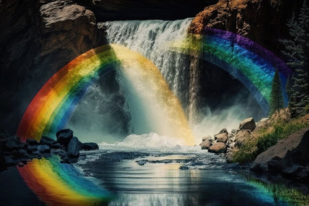 rainbow reflected in the waters of a cascading waterfall, created with generative aiの素材