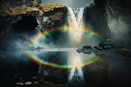 a rainbow reflected on the surface of a waterfall, with mist rising in the air, created with generative aiの素材
