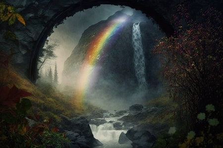 a rainbow in the mist of a waterfall, with a view of the garden below, created with generative aiの素材