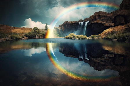 a rainbow over a waterfall, reflected in the calm waters of a serene lake, created with generative aiの素材