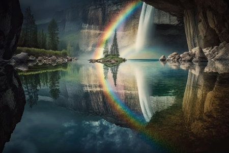 a rainbow over a waterfall, reflected in the calm waters of a serene lake, created with generative aiの素材