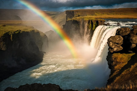 a waterfall, with a rainbow and the sun shining overhead, bringing warmth to a cold and misty morning, created with generative aiの素材