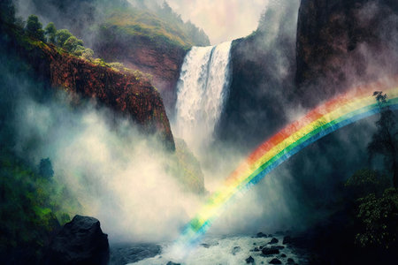 rainbow in mist, with waterfall visible below, created with generative aiの素材