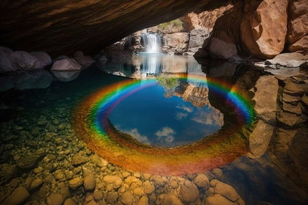 rainbow, reflecting in the waterfalls crystal-clear waters, created with generative aiの素材