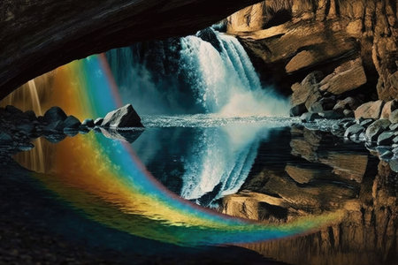 rainbow, reflecting in the waterfalls crystal-clear waters, created with generative aiの素材