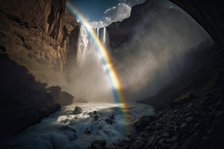 a rainbow peeks over a waterfall, with the sun shining through, created with generative aiの素材