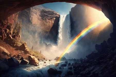 a rainbow peeks over a waterfall, with the sun shining through, created with generative aiの素材