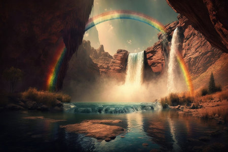 a rainbow peeks over a waterfall, with the sun shining through, created with generative aiの素材