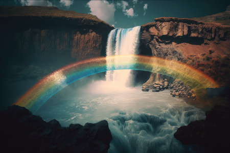 a rainbow over a waterfall, with the water crashing down into a pool, created with generative aiの素材