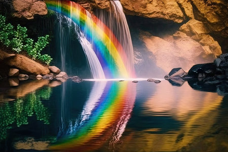 rainbow reflected in the water of a peaceful waterfall, created with generative aiの素材