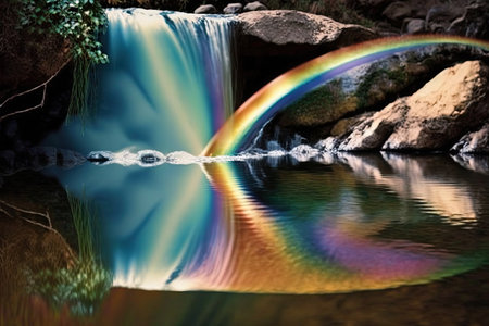 rainbow reflected in the water of a peaceful waterfall, created with generative aiの素材