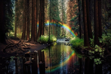 peaceful stream with rainbow reflections, surrounded by towering trees, created with generative aiの素材