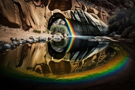 rainbow reflected in the calm pool of water at the bottom of a waterfall, created with generative aiの素材