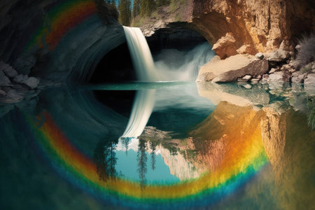 rainbow reflected in the calm pool of water at the bottom of a waterfall, created with generative aiの素材
