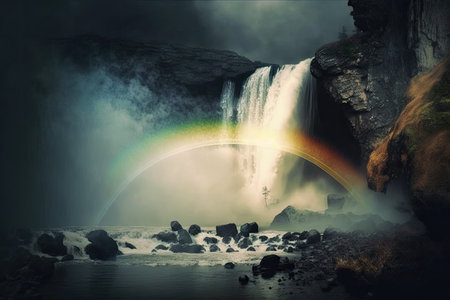 rainbow over a waterfall, surrounded by mist and raindrops, created with generative aiの素材