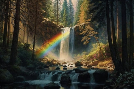 peaceful forest with a rainbow and waterfall, where the sun shines through the trees, created with generative aiの素材