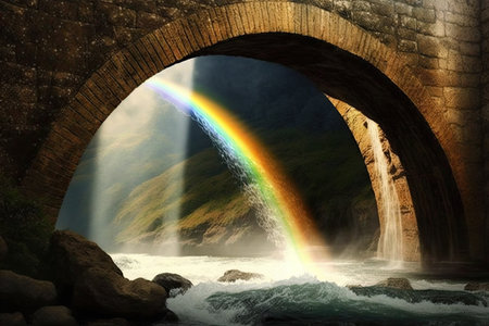 rainbow arched over the waterfall, with rays of light shining through, created with generative aiの素材