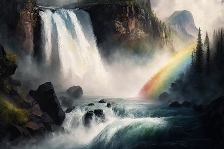 rainbow cascading over waterfall, with mist rising from the water, created with generative aiの素材