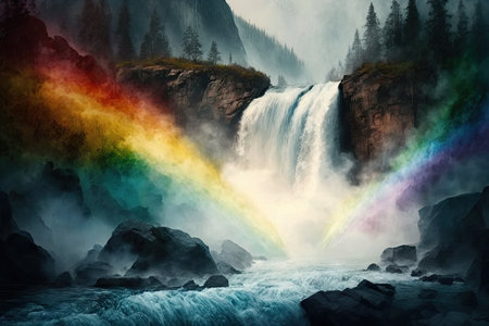 rainbow cascading over waterfall, with mist rising from the water, created with generative aiの素材