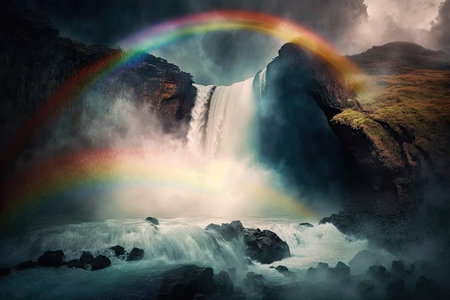magical waterfall surrounded by mist and rainbows, with a touch of mystery, created with generative aiの素材