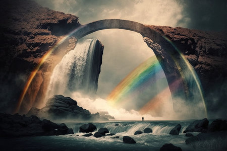 a rainbow arches over a waterfall, with mist billowing from the water, created with generative aiの素材