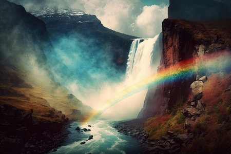 majestic waterfall, with rainbow in the mist and view of the valley below, created with generative aiの素材