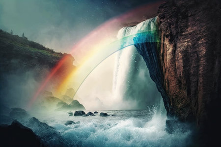 a rainbow reflecting off the surface of a waterfall with mist in the air, created with generative aiの素材