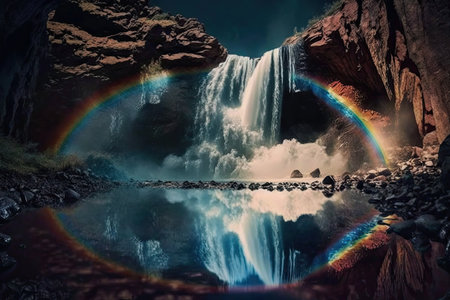 rainbow reflecting off the surface of a waterfall, creating a magical scene, created with generative aiの素材