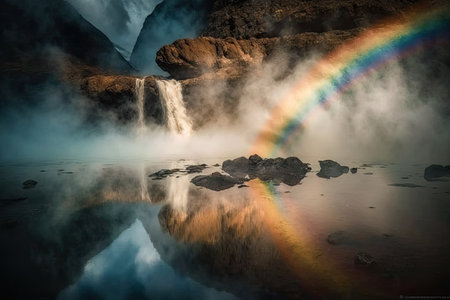 rainbow reflected in the waters of a plunging waterfall, with mist and spray, created with generative aiの素材