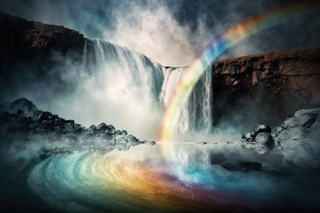 rainbow reflected in the waters of a plunging waterfall, with mist and spray, created with generative aiの素材