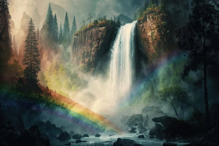 rainbow waterfall, with mist rising up from the falls, against scenic background of the forest, created with generative aiの素材