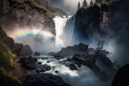majestic waterfall with rainbow shining in the mist and surrounded by greenery, created with generative aiの素材