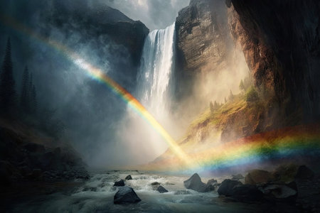 a rainbow shining above a picturesque waterfall, with mist floating in the air, created with generative aiの素材