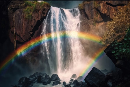 rainbow over a cascading waterfall with greenery in the background, created with generative aiの素材